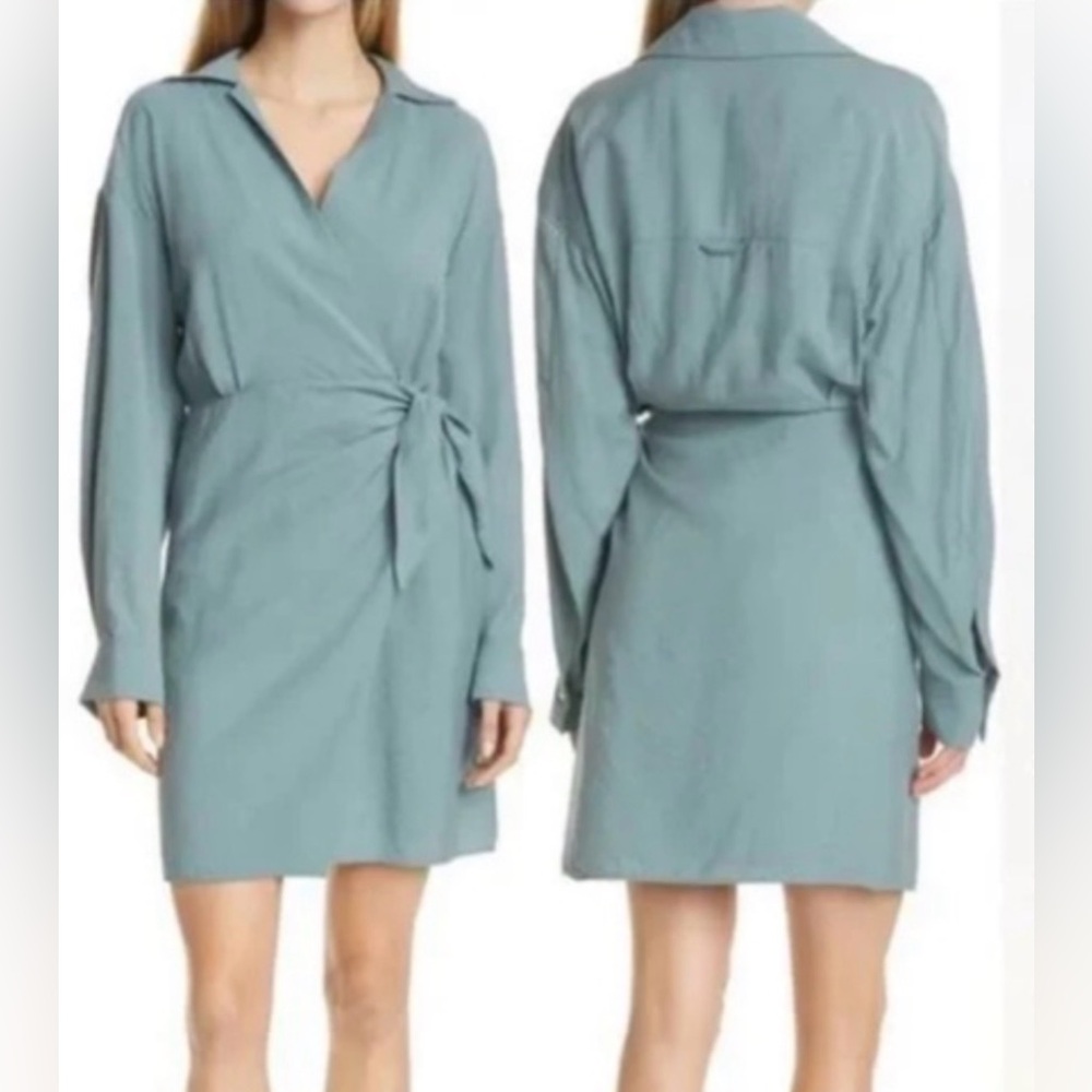 Vince women’s warp collared Long sleeve v neck mini dress viscose blend green XL